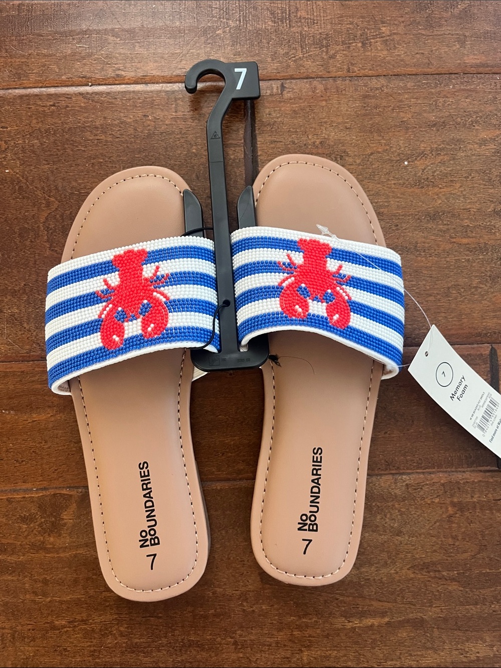 No Boundaries Blue & White Striped Slides with Red Lobster